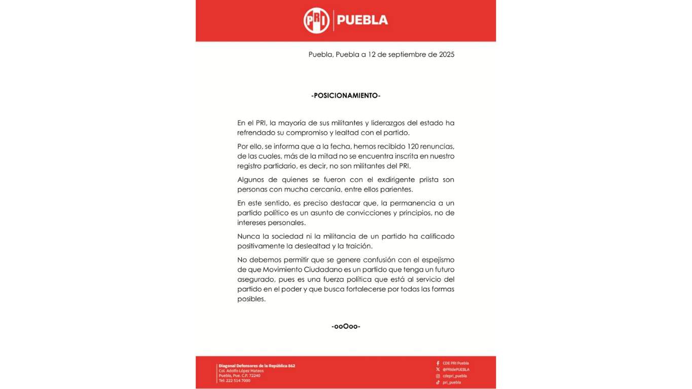 No son cientos sino decenas los militantes que renunciaron para irse a MC en Puebla: PRI