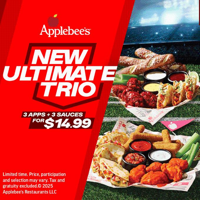 Applebee’s offers New Ultimate Trio for $14.99 — choose from 10 appetizers & 10 sauces!
