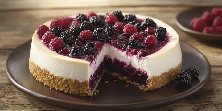 Cheesecake sin horno de zarzamora, rico en proteína, ideal para bajar de peso