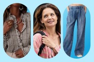 Katie Holmes Wore a Plaid Top and Pleated Jeans, Try It from $18