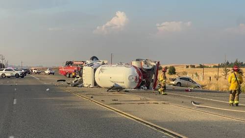 Propane truck rolls over in crash, forces closure of Fresno County road, CHP says