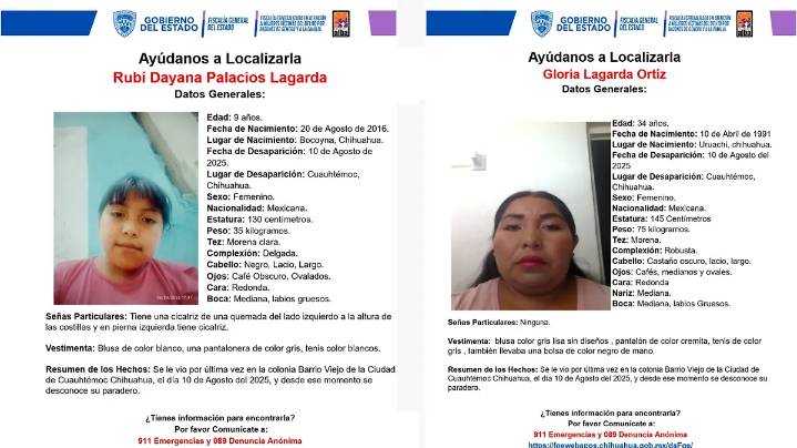 Buscan a madre e hija en Cuauhtémoc; desaparecieron el 10 de agosto