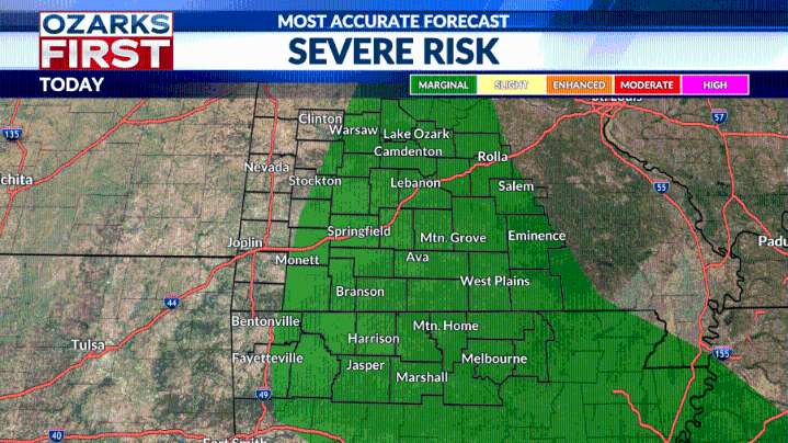 Gusty storms possible this afternoon across parts of the Ozarks