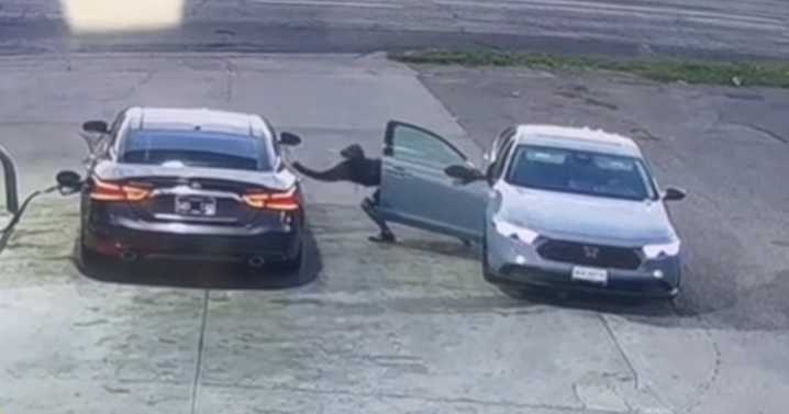 Thieves speed away in stolen car, yanking hose from gas pump