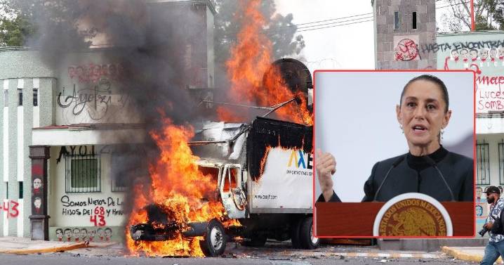 Sheinbaum condena actos violentos en protesta por los 43 de Ayotzinapa