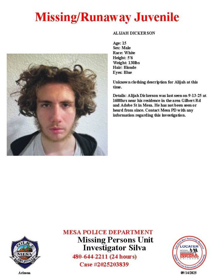 Alijah Dickerson, 15, missing from Mesa, police say