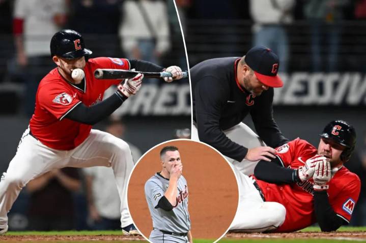 Guardians' David Fry carted off field after pitch strikes him in face
