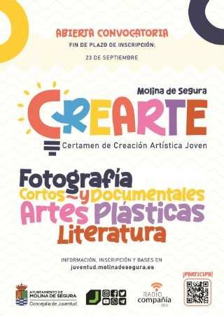 El plazo de inscripción en las diferentes modalidades del Certamen de Creación Artística Joven CREARTE 2025 finaliza el martes 23 de septiembre