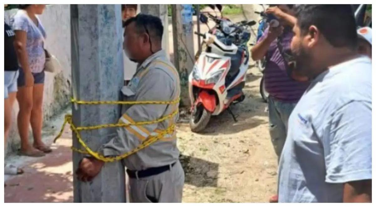 En Yucatán, amarran a un poste a trabajador de CFE por apagón de 12 horas