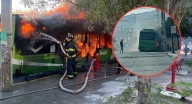 Fuerte incendio consume camión de transporte público en Nuevo León (VIDEO)