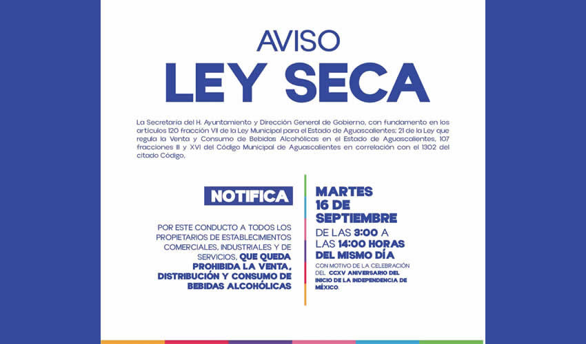 Se Implementará Ley Seca con Motivo del CCXV Aniversario de la Independencia de México