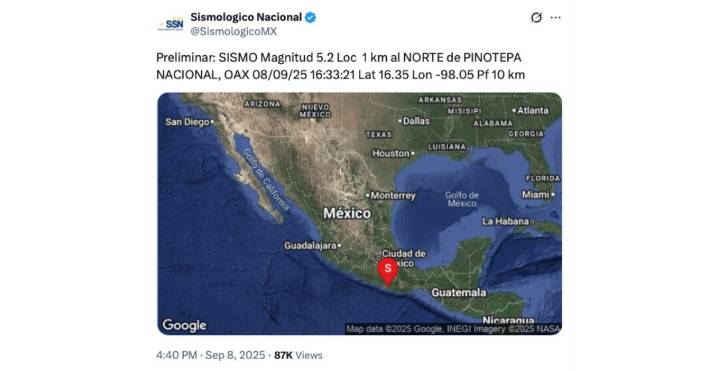 Sismo de 5.2 en Pinotepa sacude Oaxaca y se percibe en CDMX sin activar alerta sísmica