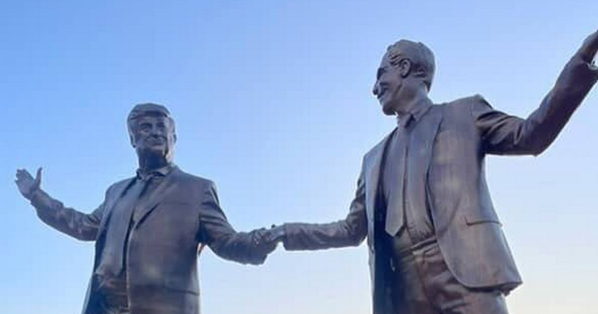 Orange man baby reacts furiously to giant statue of him holding hands with Epstein