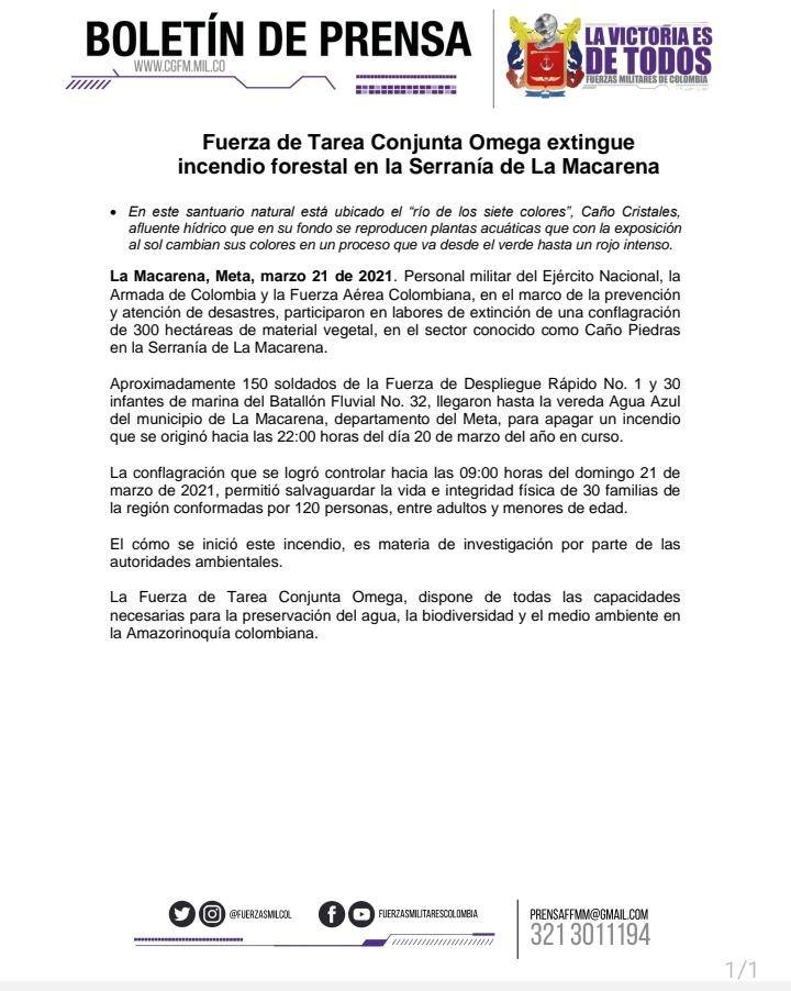 Incendio consumió 300 hectáreas en Serranía La Macarena, Meta