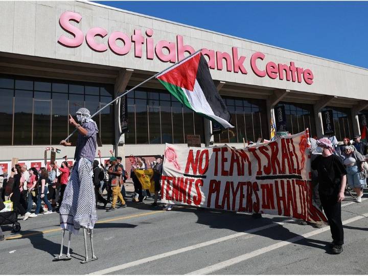 Hundreds protest through Halifax streets as Davis Cup tennis opens in empty Scotiabank Centre