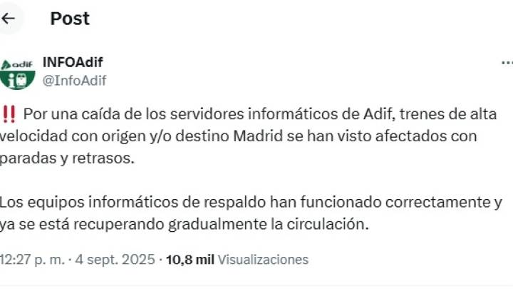 Una caída en servidores informáticos de Adif afecta a trenes de alta velocidad a Madrid