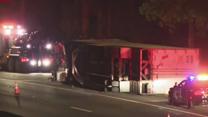Big rig overturns on westbound I-80 in Placer County