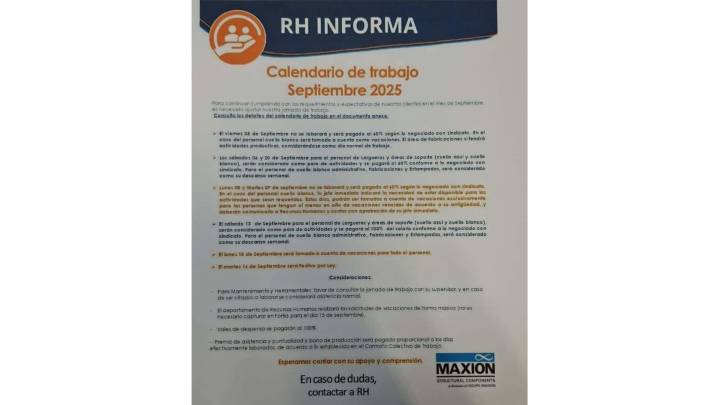 Ajustes en la Jornada Laboral de Maxion Inmagusa para Septiembre Generan Preocupación
