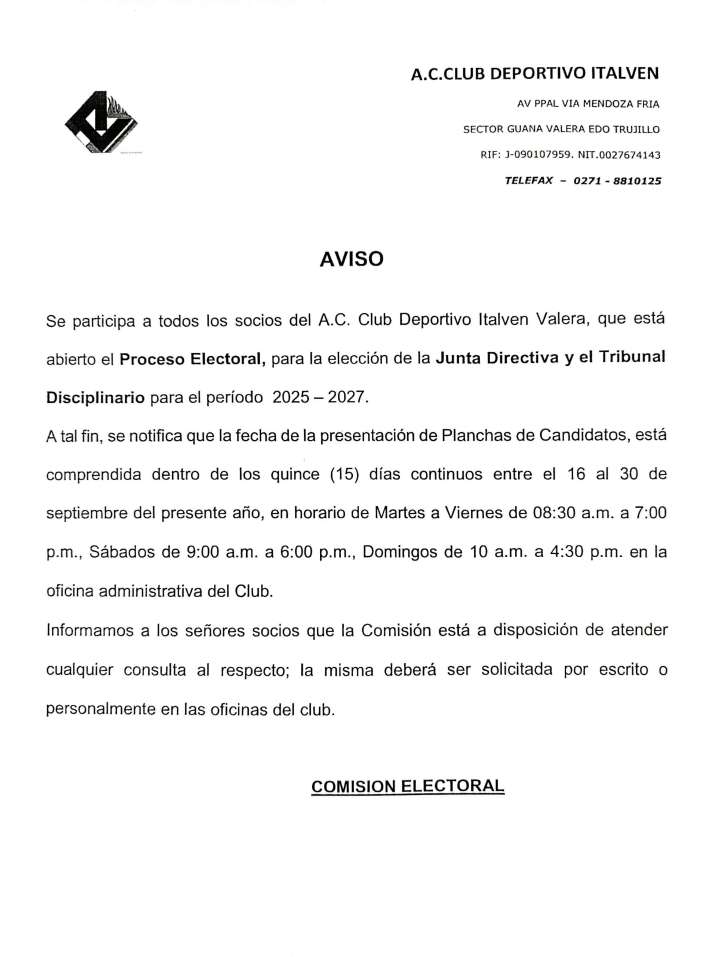 Aviso de apertura del Proceso Electoral para la elección de la Junta Directiva y el Tribunal Disciplinario para el período 2025