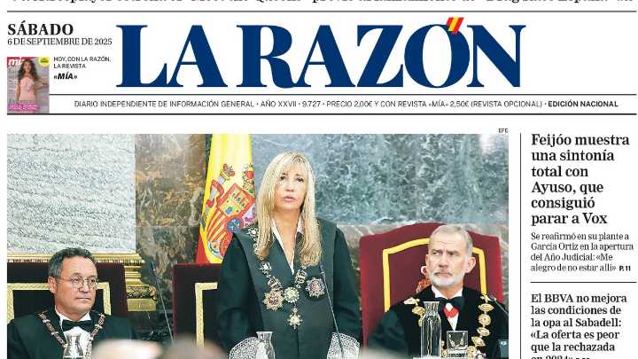 Portada de LA RAZÓN del sábado 6 de septiembre de 2025