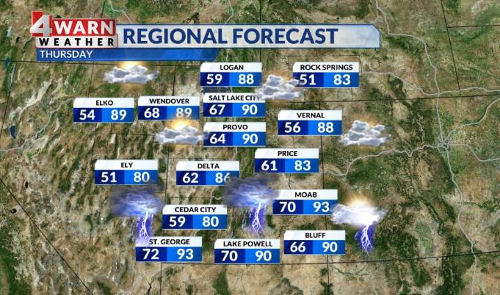 Monsoon moisture surges further north with storms expected in central and southern Utah