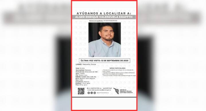 Buscan a Alger Valenzuela, desaparecido desde el 12 de septiembre en Hermosillo