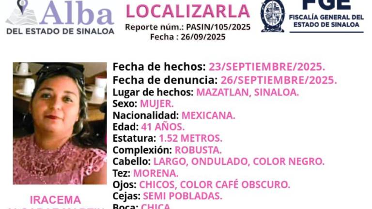 Buscan a Iracema, desaparecida en Mazatlán desde el 23 de septiembre