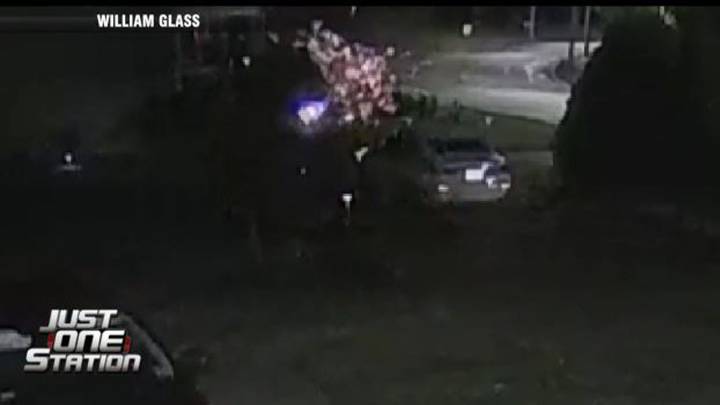 WATCH: Wild crash in Taunton sends pickup truck through porch, rolling over onto parked cars