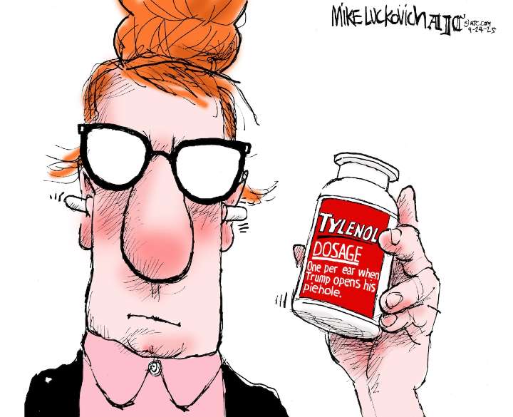 Editorial cartoons for Sept. 28, 2025: Tylenol warning, Kimmel’s return, Comey indictment