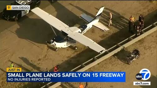 Small plane lands safely on 15 Freeway in San Diego; no injuries reported