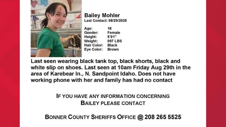 ISP, Bonner County Sheriff's Office searching for endangered, missing Sandpoint teen