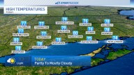 Clouds increase through a warm Saturday before showers at night