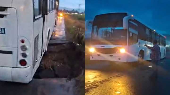 Autobús de Pasajeros Cae en Socavón Formado por las Lluvias en Amatlán de los Reyes, Veracruz