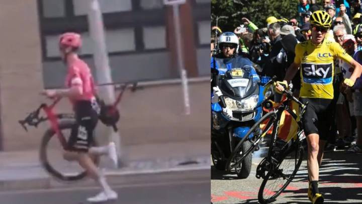 Un pinchazo lo obliga a correr “a lo Froome”