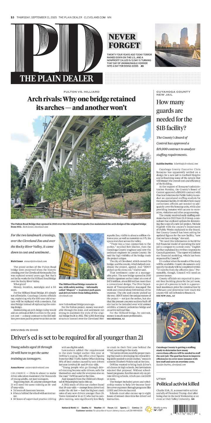 The Plain Dealer’s front page for September 11, 2025
