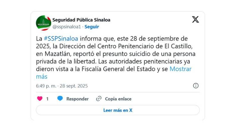 La SSP Sinaloa informa sobre el deceso de un reo en el penal de Mazatlán