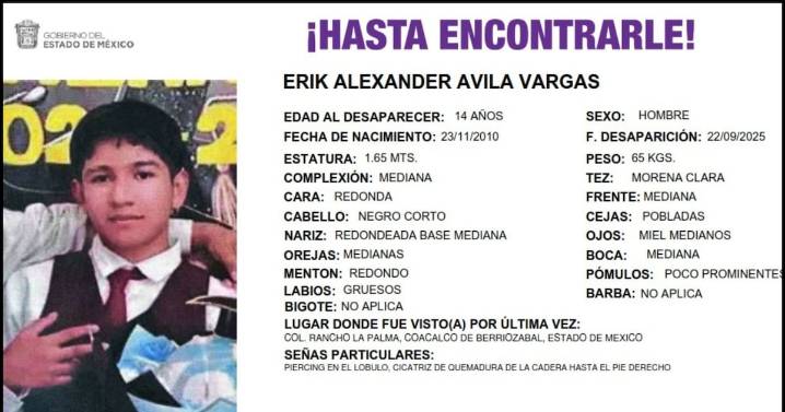 Buscan a Erik Alexander Ávila Vargas, adolescente desaparecido en Coacalco, Edomex