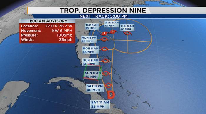 Tropical Depression Nine forms, tropical storm watch in effect for Florida coast