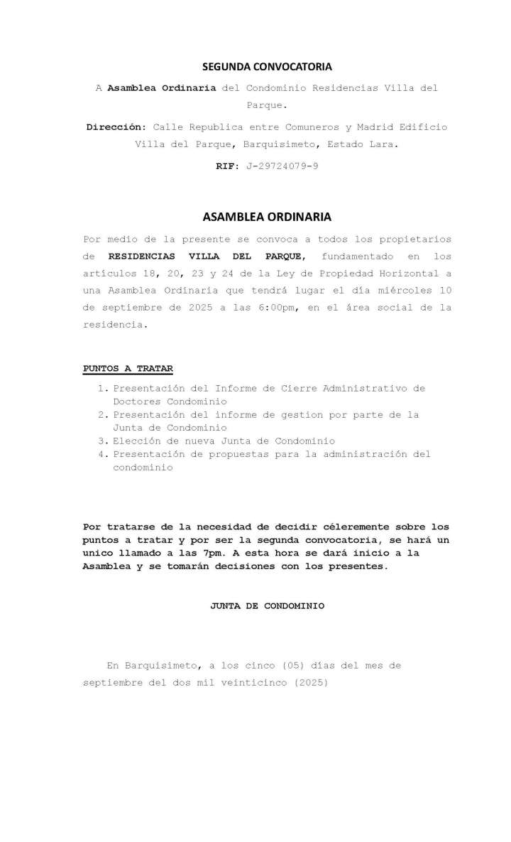 Convocatoria – Segunda Convocatoria a Asamblea Ordinaria del Condominio Residencias Villa del Parque