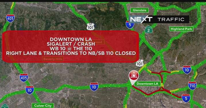 Westbound 10 Freeway transition to 110 Freeway in downtown Los Angeles closed after crash