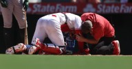 Logan O'Hoppe takes backswing to chin in Angels' win over Athletics
