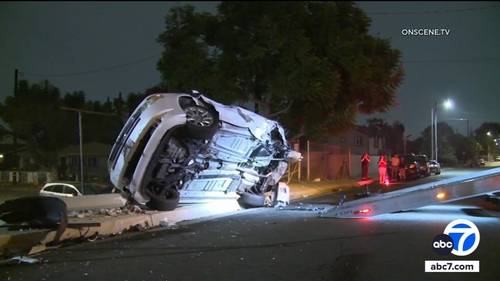 Driver slams into several parked cars in South Whittier, leaving 1 overturned