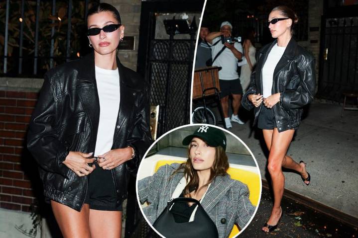 Hailey Bieber wears leather bomber and tiny mesh basketball shorts in NYC