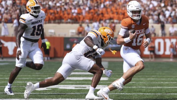 Manning runs for 2 touchdowns but struggles again in passing game as No. 7 Texas beats UTEP 27