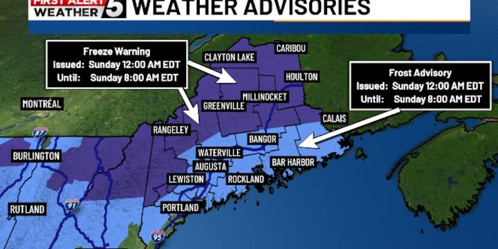 Cold with Freeze Warnings & Frost Advisories tonight; cool and beautiful Sunday ahead
