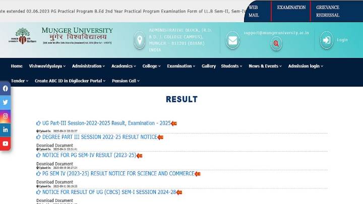 Munger University result 2025 declared at mungeruniversity.ac.in; check BA Part 3 link here