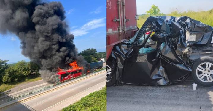 Fuego en la autopista Córdoba–Veracruz: autobús de pasajeros se incendia tras choque múltiple