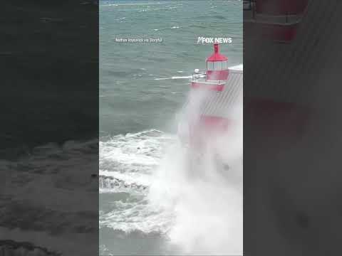 WATCH: Massive waves crash over Great Lakes lighthouse #shorts #foxnews #news #us #viral