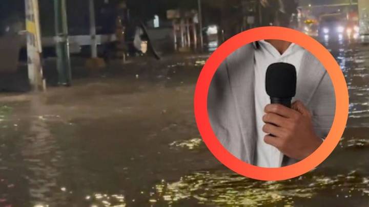 Reportero cae en coladera en plena cobertura de inundaciones por las lluvias