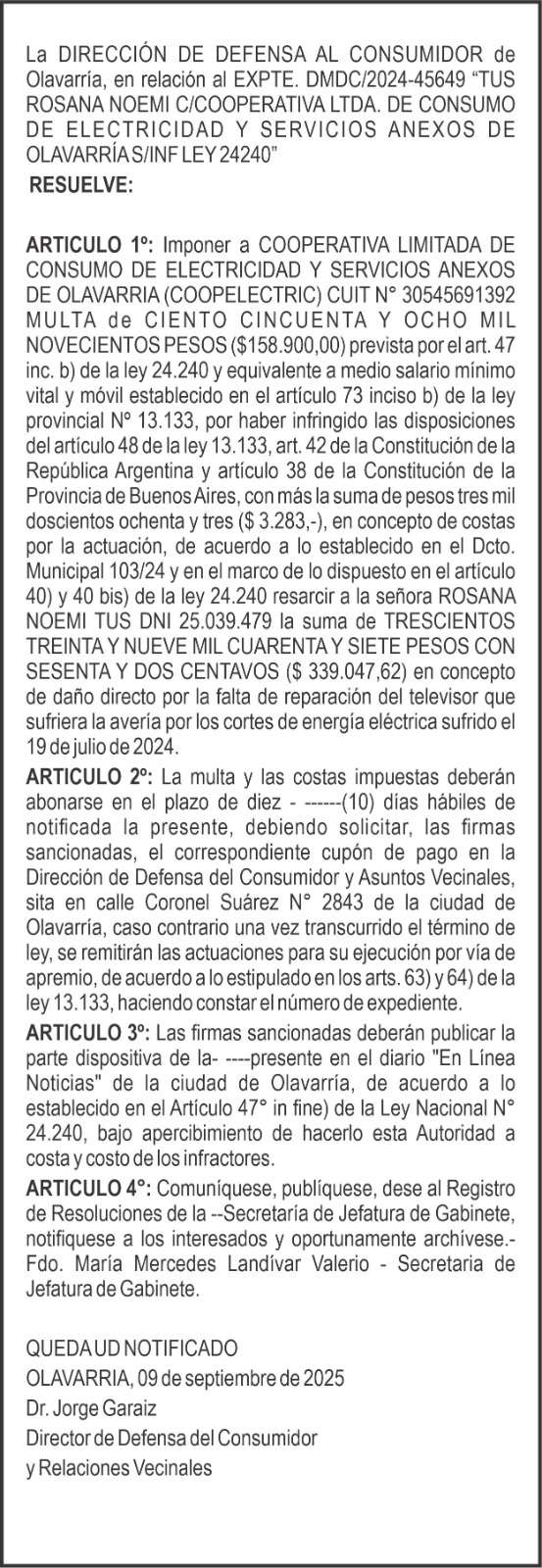 Edicto: Sobre multa a Cooperativa Eléctrica